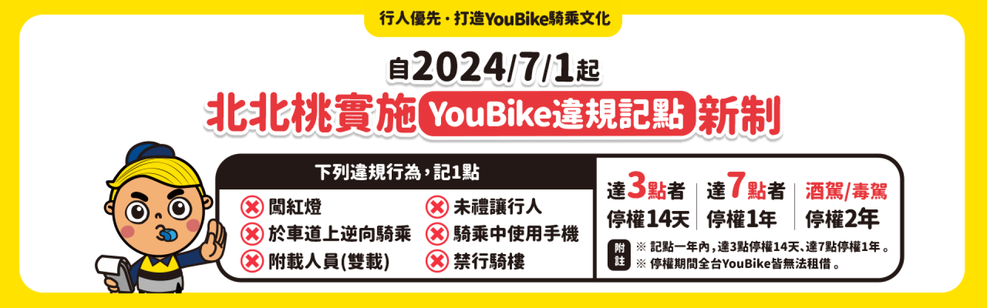YouBike主廣告圖片-桃園版_2024/07/01起，北北桃實施YouBike違規記點機制