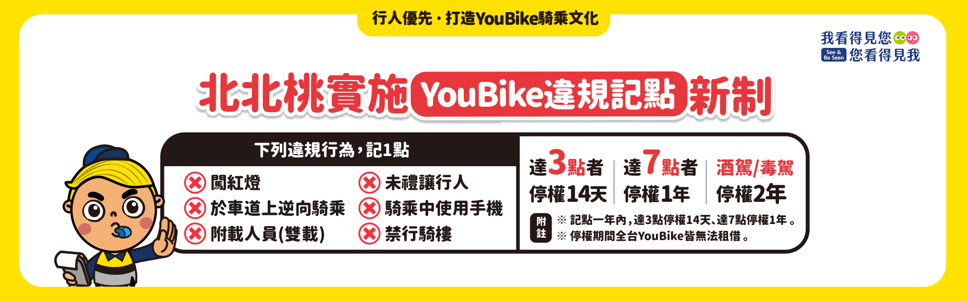 YouBike主廣告圖片-臺北版_2024/07/01起，北北桃實施YouBike違規記點機制